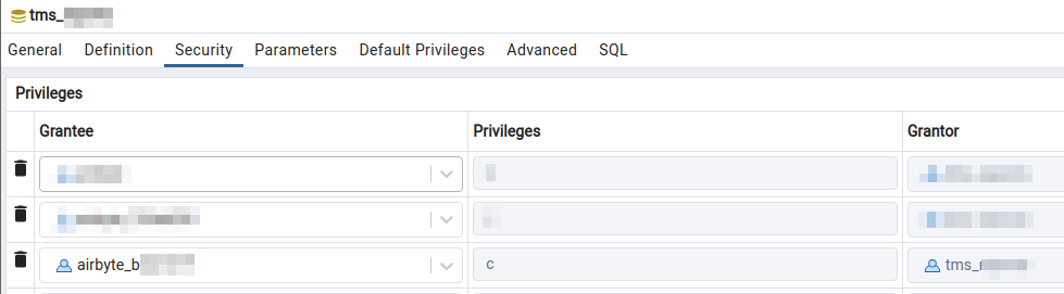 Connect permission on the database for the airbyte service account